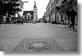 black and white, churches, covers, europe, horizontal, krakow, manholes, poland, photograph