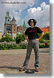 bell towers, buildings, clothes, emotions, europe, krakow, palace, people, poland, shirts, smiles, somafm, structures, sunglasses, vertical, wawel castle, womens, photograph