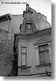black and white, buildings, colliding, europe, poland, vertical, zakopane, photograph