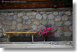 benches, europe, flowers, horizontal, pink, poland, zakopane, photograph