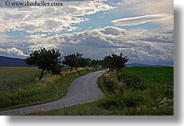 clouds, colors, europe, green, horizontal, lined, nature, roads, sky, slovakia, streets, trees, winding, photograph
