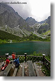 deck, europe, lakes, mountains, overlooking, people, slovakia, vertical, water, photograph