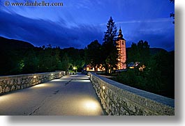 bohinj, churches, dusk, europe, horizontal, illuminated, long exposure, roads, slovenia, photograph