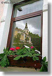 bohinj, churches, europe, flowers, reflections, slovenia, vertical, windows, photograph
