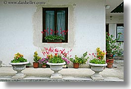 bohinj, europe, flowers, horizontal, houses, plants, potted, slovenia, windows, photograph