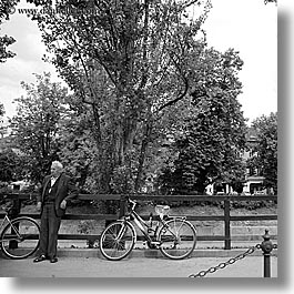 bicycles, black and white, europe, ljubljana, men, people, slovenia, square format, trees, photograph