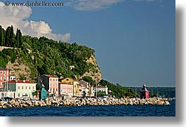 cliffs, europe, horizontal, piran, pirano, shoreline, slovenia, towns, water, photograph
