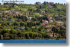 europe, hills, horizontal, pirano, shoreline, slovenia, towns, water, photograph