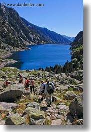 activities, aiguestortes hike, europe, hikers, hiking, lakes, mountains, nature, people, spain, vertical, photograph