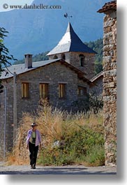 ansovell, belfry, churches, europe, hikers, houses, people, senior citizen, spain, tourists, vertical, womens, photograph