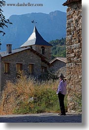 ansovell, belfry, churches, europe, hikers, houses, mountains, nature, people, senior citizen, spain, tourists, vertical, womens, photograph