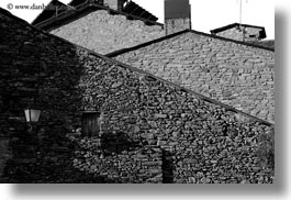 black and white, estamariu, europe, horizontal, lamps, rocks, spain, streets, walls, photograph