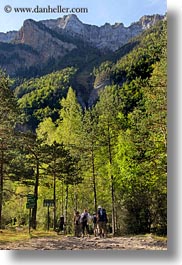 activities, europe, forests, hikers, hiking, mountains, nature, ordesa, people, plants, spain, trees, vertical, photograph