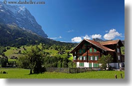 eiger, europe, grindelwald, horizontal, houses, mountains, nature, snowcaps, switzerland, photograph