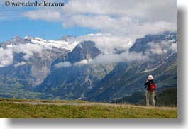 clouds, europe, grindelwald, hikers, horizontal, mountains, nature, sky, snowcaps, switzerland, photograph
