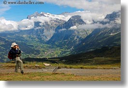 clouds, europe, grindelwald, hikers, horizontal, mountains, nature, sky, snowcaps, switzerland, photograph