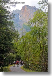 europe, gasterntal valley, hikers, kandersteg, mountains, switzerland, trees, vertical, photograph