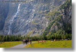 europe, gasterntal valley, hikers, horizontal, kandersteg, switzerland, waterfalls, photograph