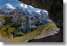 caves, europe, horizontal, kandersteg, lake oeschinensee, mountains, nature, snowcaps, switzerland, photograph
