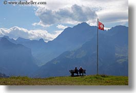 benches, clouds, couples, emotions, europe, flags, horizontal, kandersteg, lake oeschinensee, men, nature, people, sky, solitude, swiss, switzerland, womens, photograph