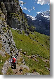 europe, hikers, hiking, kandersteg, lake oeschinensee, mountains, nature, people, snowcaps, switzerland, vertical, photograph