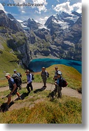 clouds, emotions, europe, happy, hikers, kandersteg, lake oeschinensee, lakes, mountains, nature, oeschinensee, people, sky, smiles, snowcaps, switzerland, vertical, photograph