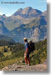 europe, hikers, kandersteg, lake oeschinensee, landscapes, mark, men, mountains, people, switzerland, vertical, photograph