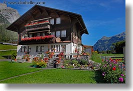 europe, flowers, horizontal, houses, kandersteg, scenics, switzerland, photograph