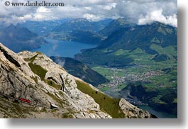 clouds, europe, horizontal, lakeview, lucerne, mt pilatus, nature, red, sky, switzerland, trains, tram, photograph