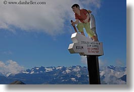 directional, europe, hikers, horizontal, lucerne, mountains, mt rigi, nature, signs, snowcaps, switzerland, photograph