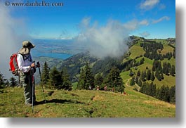 clouds, europe, fog, hikers, hiking, horizontal, lucerne, mt rigi, nature, people, sky, switzerland, uphill, photograph