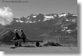 black and white, clouds, content, couples, emotions, europe, happy, horizontal, lovers, lucerne, men, mountains, nature, people, romantic, sky, snowcaps, switzerland, womens, photograph