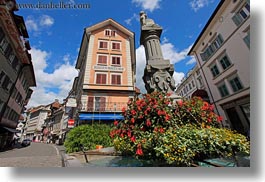 buildings, clouds, europe, flowers, fountains, horizontal, lucerne, nature, sky, switzerland, towns, photograph