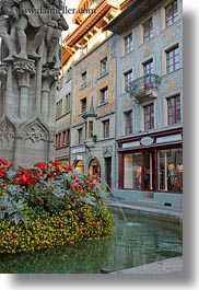 europe, flowers, fountains, lucerne, switzerland, towns, vertical, photograph