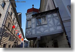 architectures, europe, flags, horizontal, lucerne, swiss, switzerland, towns, photograph