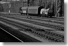 black and white, europe, horizontal, switzerland, tracks, trains, photograph