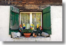 europe, gnomes, horizontal, murren, switzerland, windows, photograph