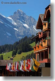chalet, europe, flags, mountains, murren, nature, scenics, snowcaps, switzerland, vertical, photograph