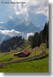 clouds, europe, mountains, murren, nature, scenics, sky, snowcaps, switzerland, tracks, trains, vertical, photograph