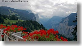 balconies, canyons, clouds, europe, flowers, geraniums, horizontal, meyers hotel, nature, sky, switzerland, views, wengen, photograph