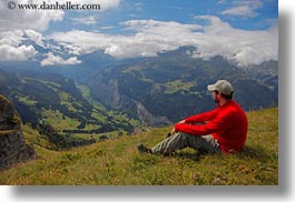 europe, hikers, horizontal, men, mountains, nature, people, red, roberts, snowcaps, switzerland, valley, wt people, photograph