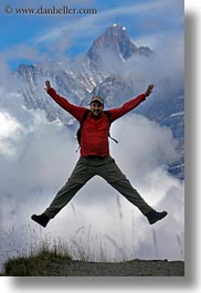 clouds, emotions, europe, happy, hikers, jumping, men, mountains, nature, people, roberts, sky, smiles, snowcaps, switzerland, vertical, wt people, photograph