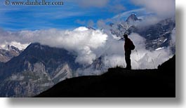 clouds, europe, hikers, horizontal, men, mountains, nature, people, roberts, silhouettes, sky, snowcaps, switzerland, wt people, photograph