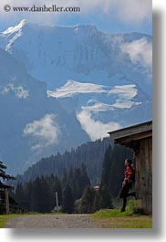 barn, europe, leaning, mountains, nature, people, snowcaps, switzerland, vertical, vicky, womens, wt people, photograph