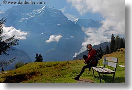 benches, clouds, emotions, europe, happy, horizontal, mountains, nature, people, sky, smiles, snowcaps, switzerland, vicky, womens, wt people, photograph