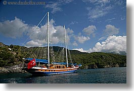 boats, cevri hasan, clouds, europe, flags, gulet, horizontal, schooner, sunny, turkeys, photograph