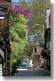 bougainvilleas, cobblestones, europe, flowers, kas, streets, turkeys, vertical, photograph