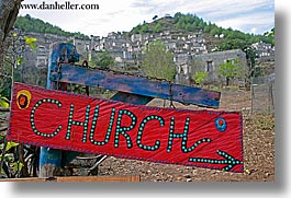 churches, europe, horizontal, kaya koy, red, signs, turkeys, photograph