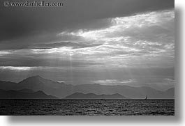 black and white, clouds, europe, horizontal, ocean, ocean scenics, sunrays, turkeys, photograph