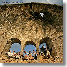 arches, architectural ruins, europe, groups, hands, happy, laugh, people, square format, tourists, tours, turkeys, windows, photograph